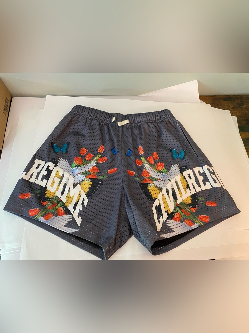 Civil Regime Gray Graphic Mesh Shorts